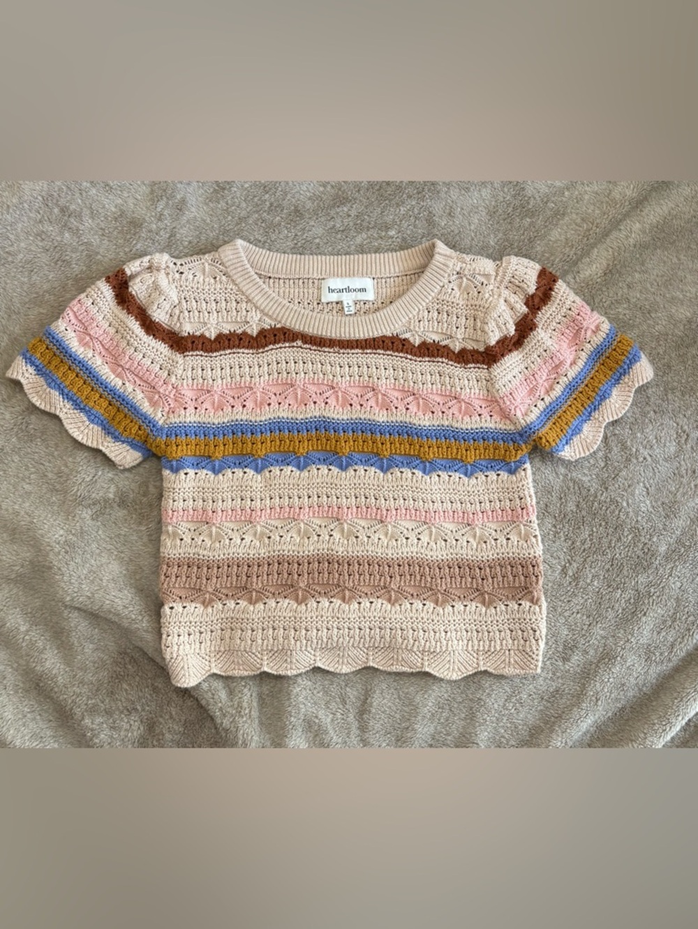 Heartloom Crocheted Stripe Sweater in Cream, Pink, Brown, Blue, Mustard
